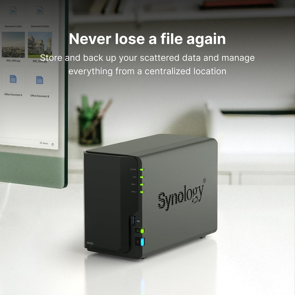 Synology DS223 Home & Office Backup Hub - Centralize Files, Protect Data & Monitor Property (2-Bay Diskless NAS)