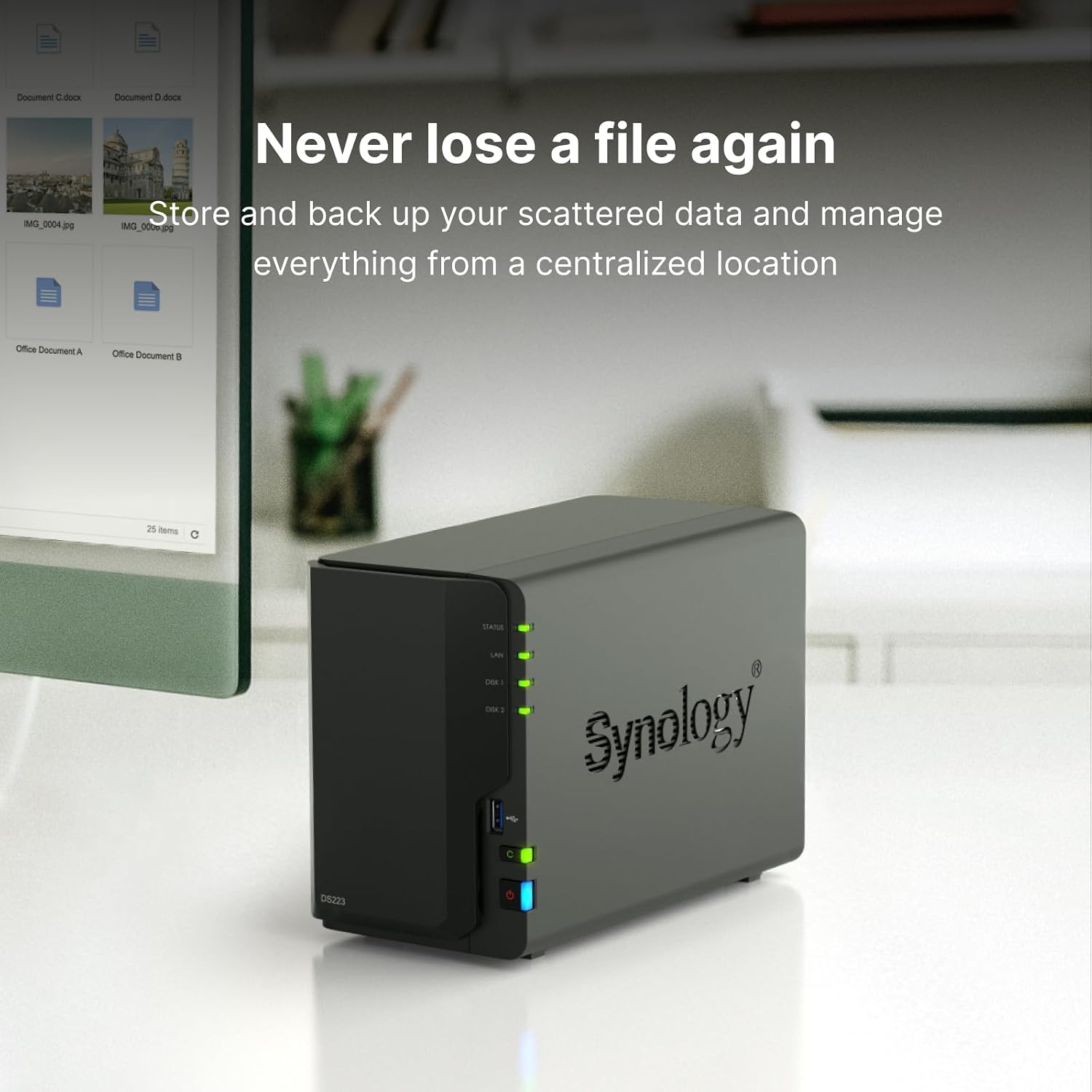 Synology DS223 Home & Office Backup Hub - Centralize Files, Protect Data & Monitor Property (2-Bay Diskless NAS)