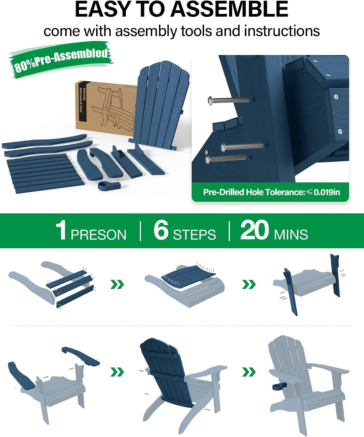 YEFU Oversized Adirondack Chair with Cup-Holder,Plastic Outdoor Fire Pit Chair, Weather Resistant, Poly Lumber Chair, Used in Patio, Lawn, Deck,Heavty Duty,Weight Capacity 450lbs-Navy Blue