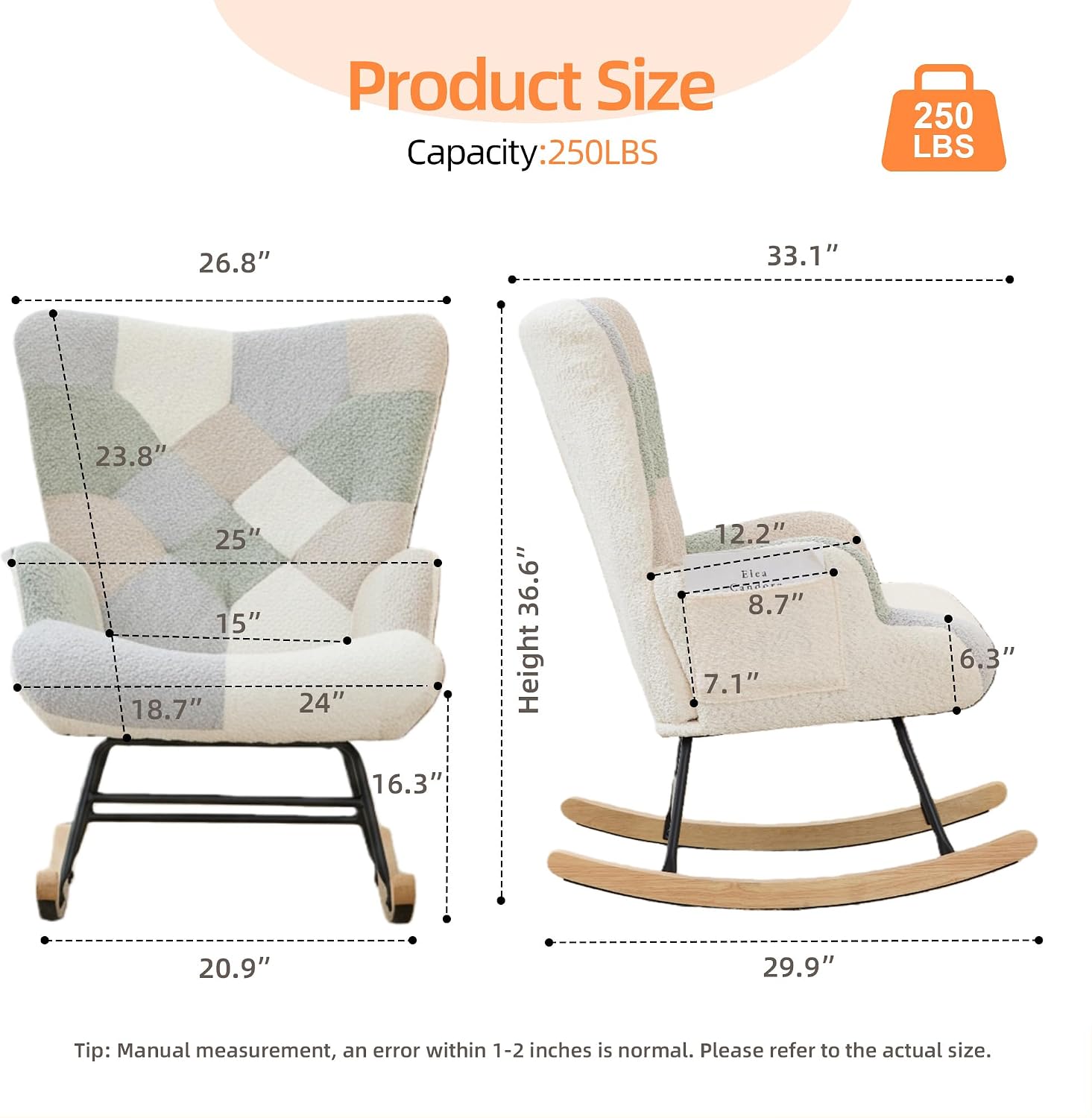 Nursery Rocking Chair Teddy Upholstered Glider Rocker Rocking Accent Chair with High Backrest Armchair Comfy Side Chair for Living Room, Bedroom, Offices (Spliced Green)