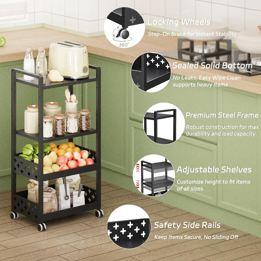 Adjustable 4 Tier Rolling Cart Metal Utility Carts with Lockable Wheels Rolling Storage Cart for Kitchen Bathroom Office Bar Microwave Laundry Snack Coffee Craft Organizer Black