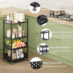 Adjustable 4 Tier Rolling Cart Metal Utility Carts with Lockable Wheels Rolling Storage Cart for Kitchen Bathroom Office Bar Microwave Laundry Snack Coffee Craft Organizer Black