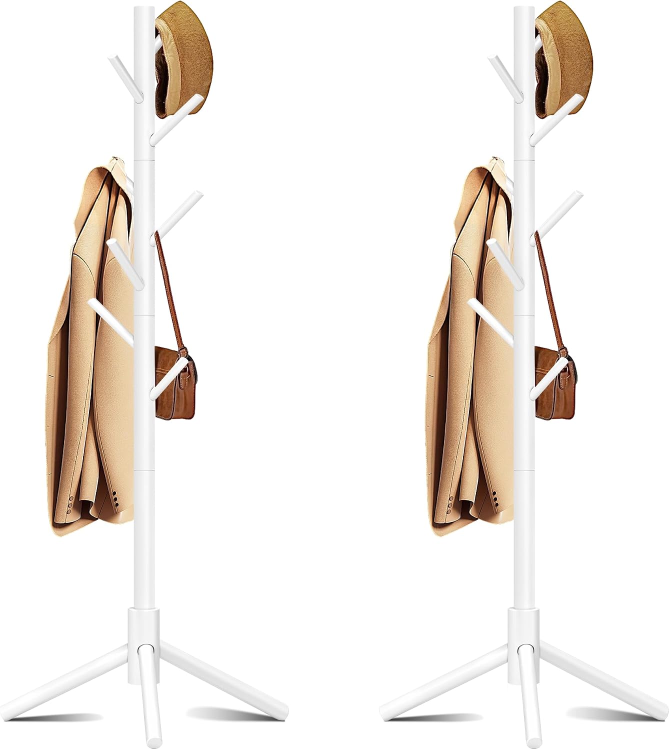 8-Hook Freestanding Coat Rack 3 Adjustable Heights White 2PCS | Easy Tool-Free Setup,Ideal for Entryway Bedroom Hallway Office,Holds Clothes Hats Handbags,Space-Saving Vertical Design