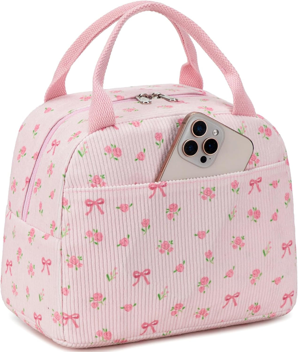 BTOOP Lunch Box for Women Men Cute Corduroy Lunch Bags Large Capacity Insulated Lunch Tote Bag For Work Travel Or Picnic (Pink Bow Floral-1)