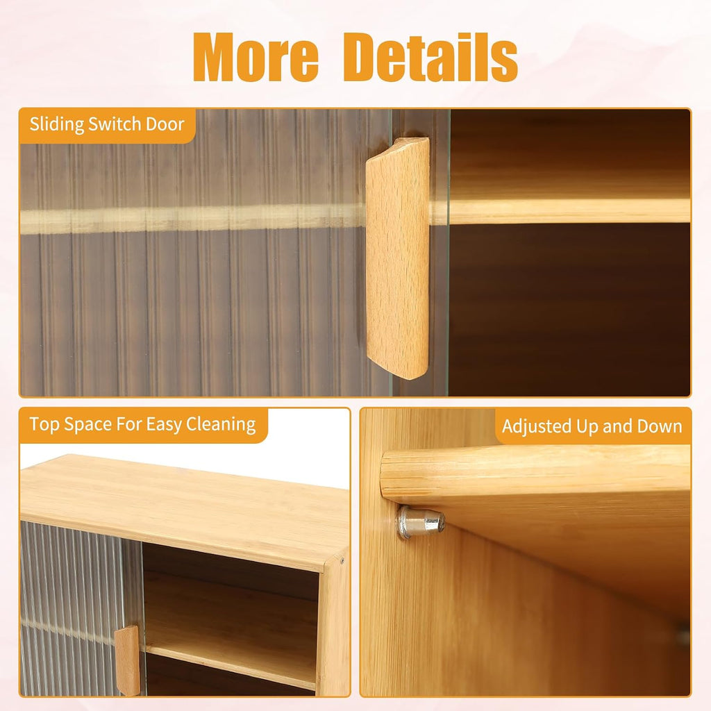 Small Bamboo Kitchen Pantry Sideboard, 3Tiers Freestanding Countertop Storage Cabinet with 2 Acrylic Doors Black Storage Shelf, Sliding Pantry Cabinet for Home Bar, Coffee Bar (Log-Colored)