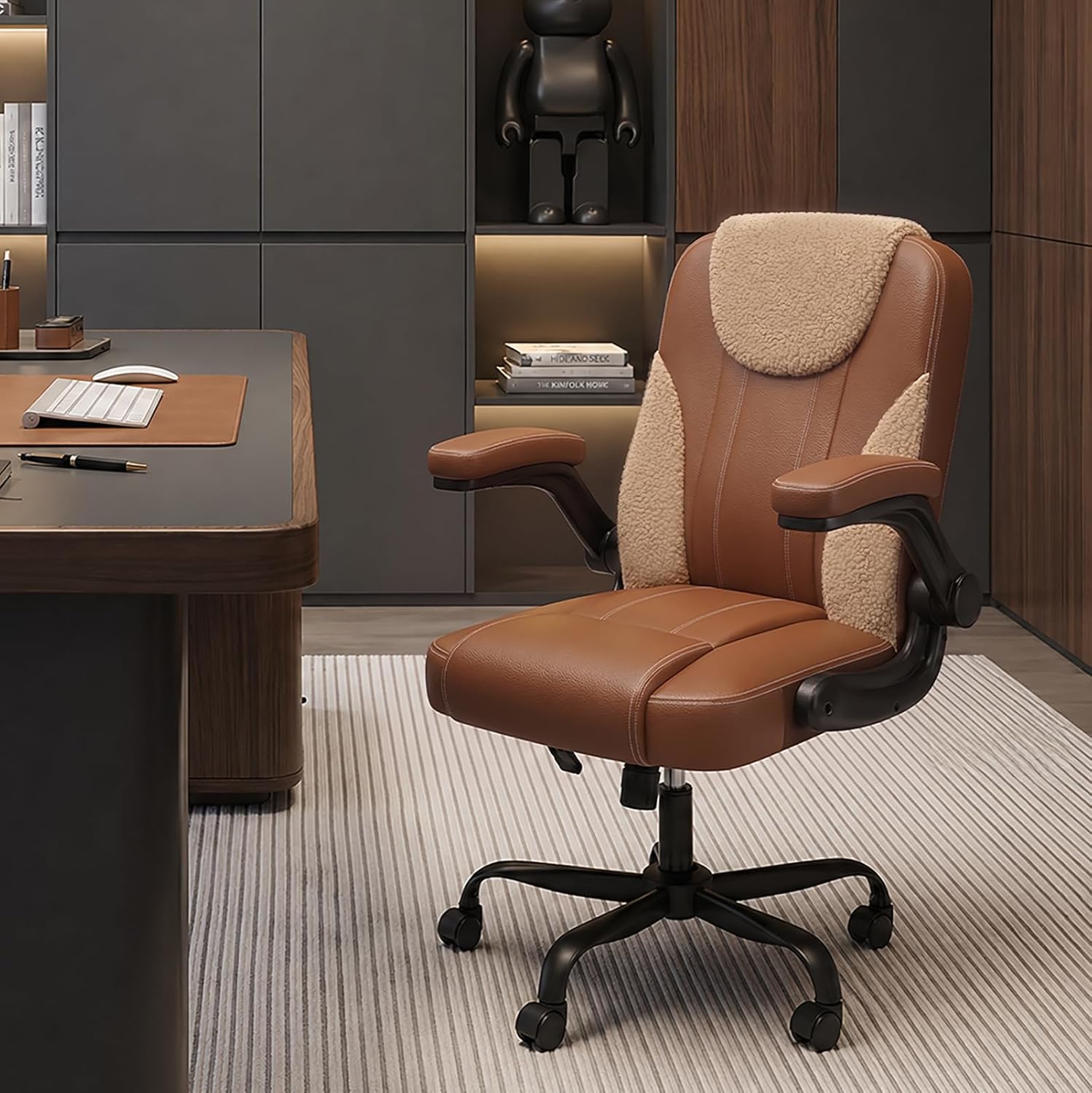 Pinmoco Comfortable Home Office Chair for Long Hours Sitting, Ergonomic Desk Chair with Teddy Fleece & PU Leather, Adjustable Swivel Computer Chair for Work from Home, Bedroom and Vanity Space, Brown
