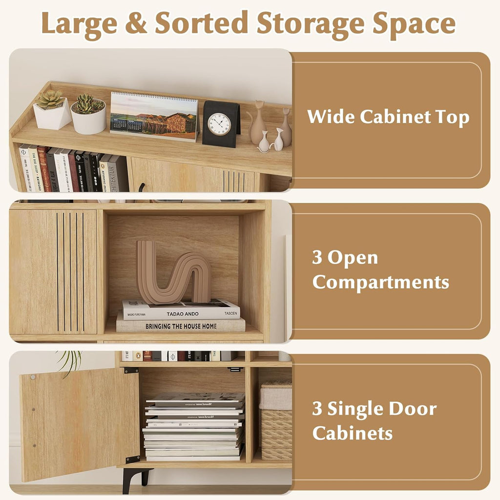 Giantex Storage Cabinet, Sideboard with 3 Doors, 3 Open Compartments, Bookcase with 5 Raised Metal Legs, Buffet Table, Bookshelf, Floor Cabinet for Living Room Display, Dining Room, Entryway, Oak