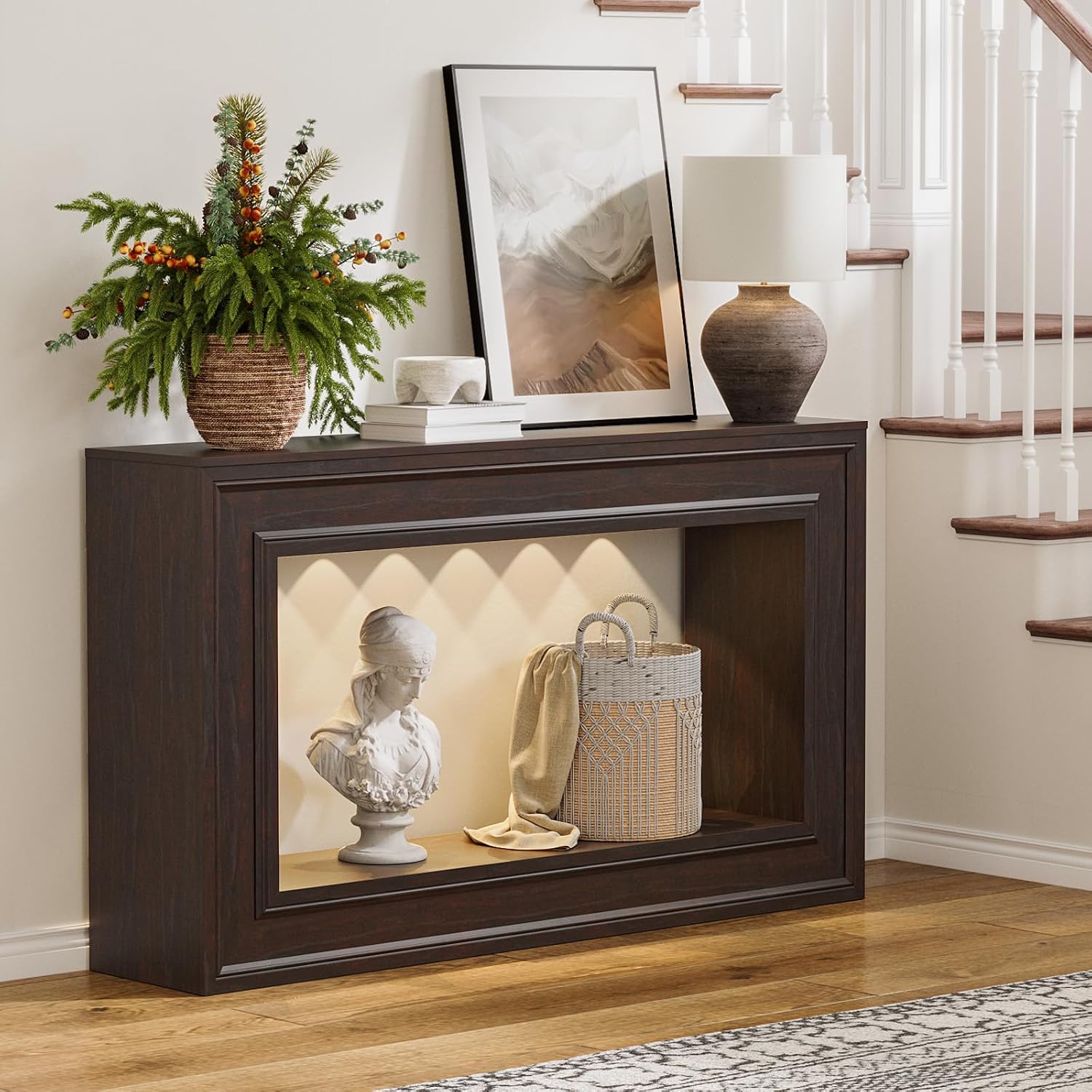 Rresyet Entryway Console Table 55" Long Narrow with LED Lights & Storage, 2-Tier Sofa Table, Farmhouse Cherry Accent for Hallway & Living Room, Space-Saving and Sturdy