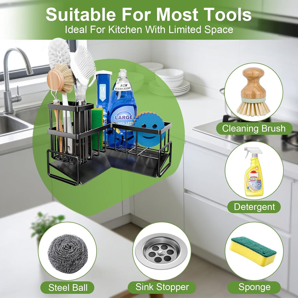 Fikoksol Large Sponge Holder for Kitchen Sink, 90-Degree Sink Caddy Organizer with Dish Brush Holder for Countertop Corner Storage Rack, Metal L-Shaped Kitchen Sink Sponge Soap Organizer Storage Ideas