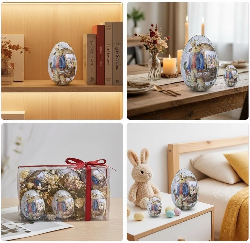 Large Easter Egg Shaped Tin - 4.9" Vintage Bunny Metal Treat Box, Oversized Decorative Candy Container for Holiday Gifts & Egg Hunt