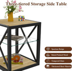 Modern Industrial End Table Nightstand with Tempered Glass Top & Natural Wood MDF, 3-Tier Storage, X-Frame Metal Base, Space-Saving Side Table for Bedroom & Living Room