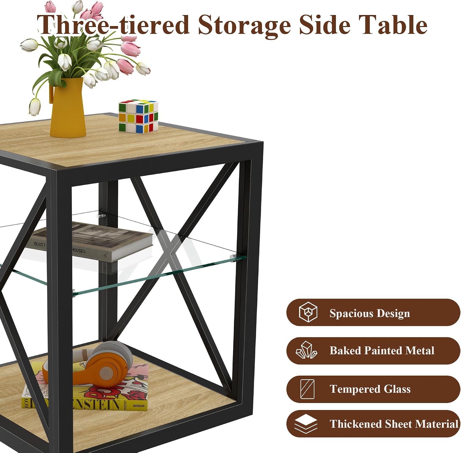 Modern Industrial End Table Nightstand with Tempered Glass Top & Natural Wood MDF, 3-Tier Storage, X-Frame Metal Base, Space-Saving Side Table for Bedroom & Living Room
