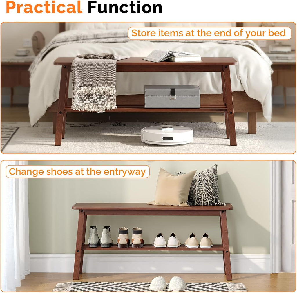 VINGLI Solid Wood Dining Bench 39" Wooden Bench for Entryway, Bedroom, Kitchen & Living Room, with Shoe Rack Storage, Walnut
