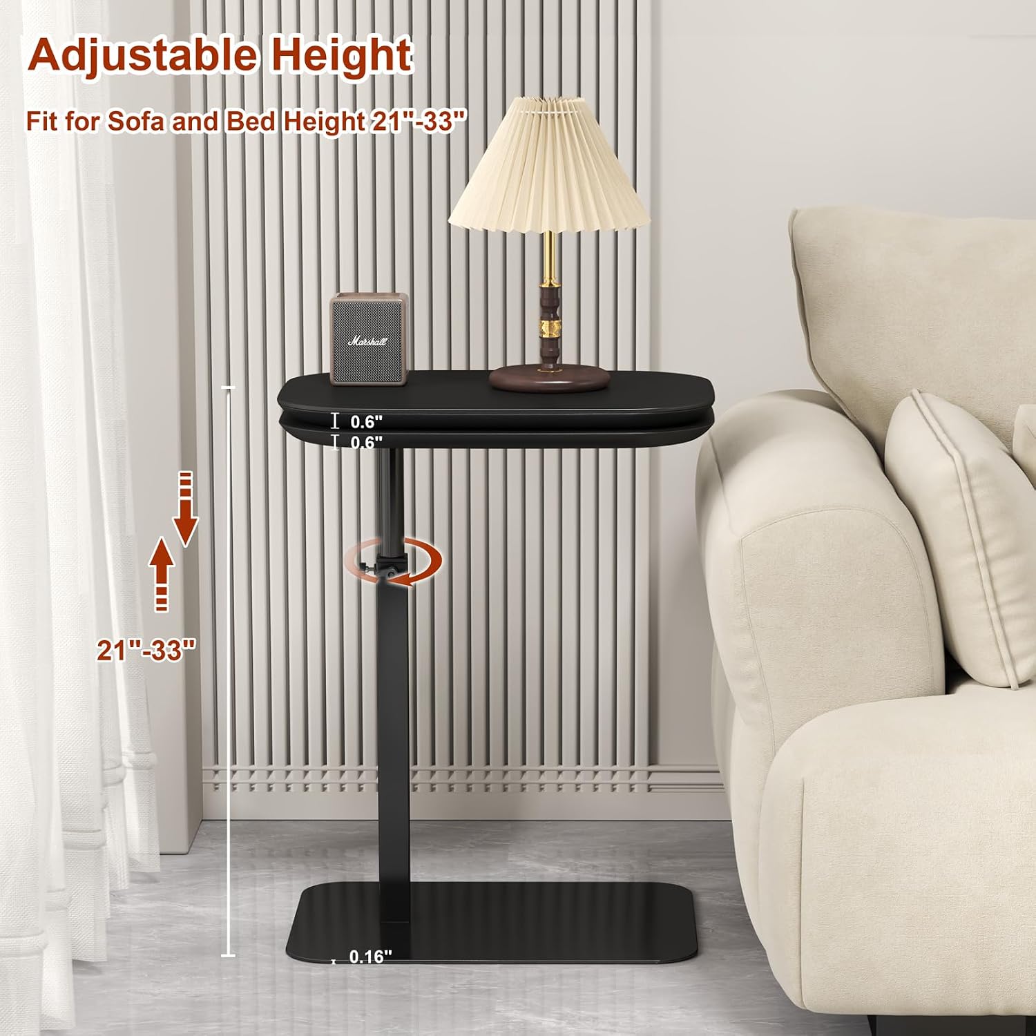 Adjustable Height C Shaped Side Table, 360°Swivel C Shaped End Table, Double Tabletop Laptop Stand, Couch Side Tables that Slide Under,Rotating Small Coffee Table for Sofa/Bed (Black)