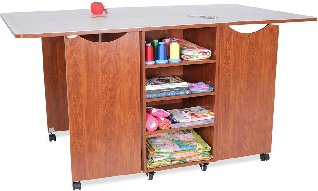Kangaroo Kookaburra Cutting Table – Large Sewing, Quilting & Craft Workstation with Expandable 70” x 40” Surface, Storage Drawers, Shelves & Rolling Locking Casters, Teak Finish