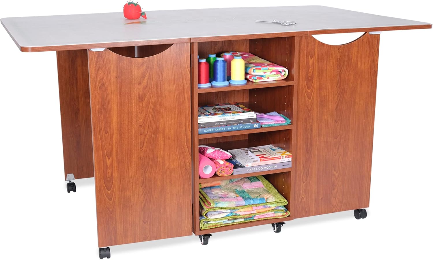 Kangaroo Kookaburra Cutting Table – Large Sewing, Quilting & Craft Workstation with Expandable 70” x 40” Surface, Storage Drawers, Shelves & Rolling Locking Casters, Teak Finish