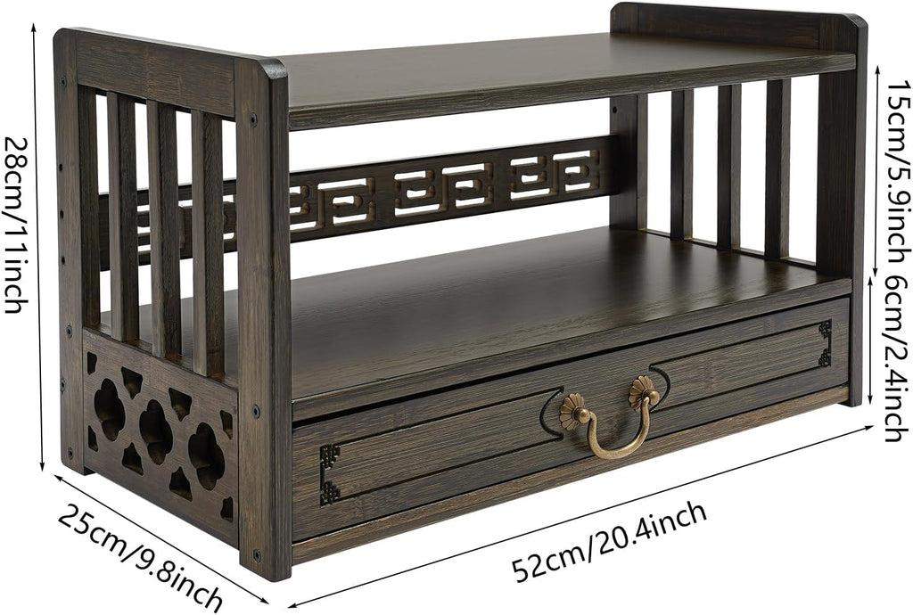 Altar Table with Drawer, Altar Shelf & Meditation Table for Spiritual, Bamboo Puja Table for Home, Buddha Statues, Books, Ritual Items (20.4" W x 9.8" D x 11" H, Walnut Color)
