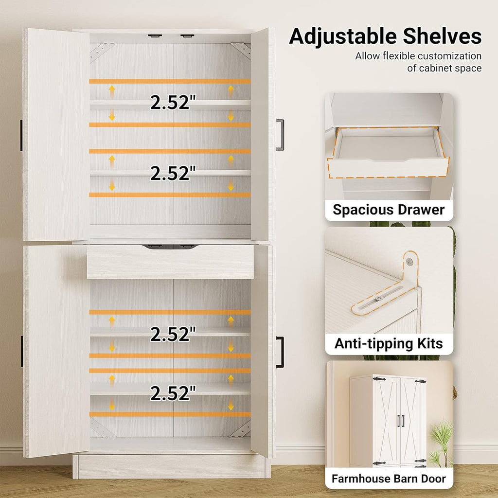 Unikito 71" Tall Kitchen Pantry Cabinet with Farmhouse Barn Doors and Storage Drawer, 8 Adjustable Shelves, Freestanding Cupboard for Dining Room, Living Room, Utility Room, White, 2 Pack