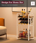 3-Tier Wine Rack Freestanding Floor with Wood Top, Liquor Stand with Wine Bottle Holder, Corner Wine Bar Table for Small Space, Metal Whiskey Shlef for Kitchen, Cellar, Living Room, White