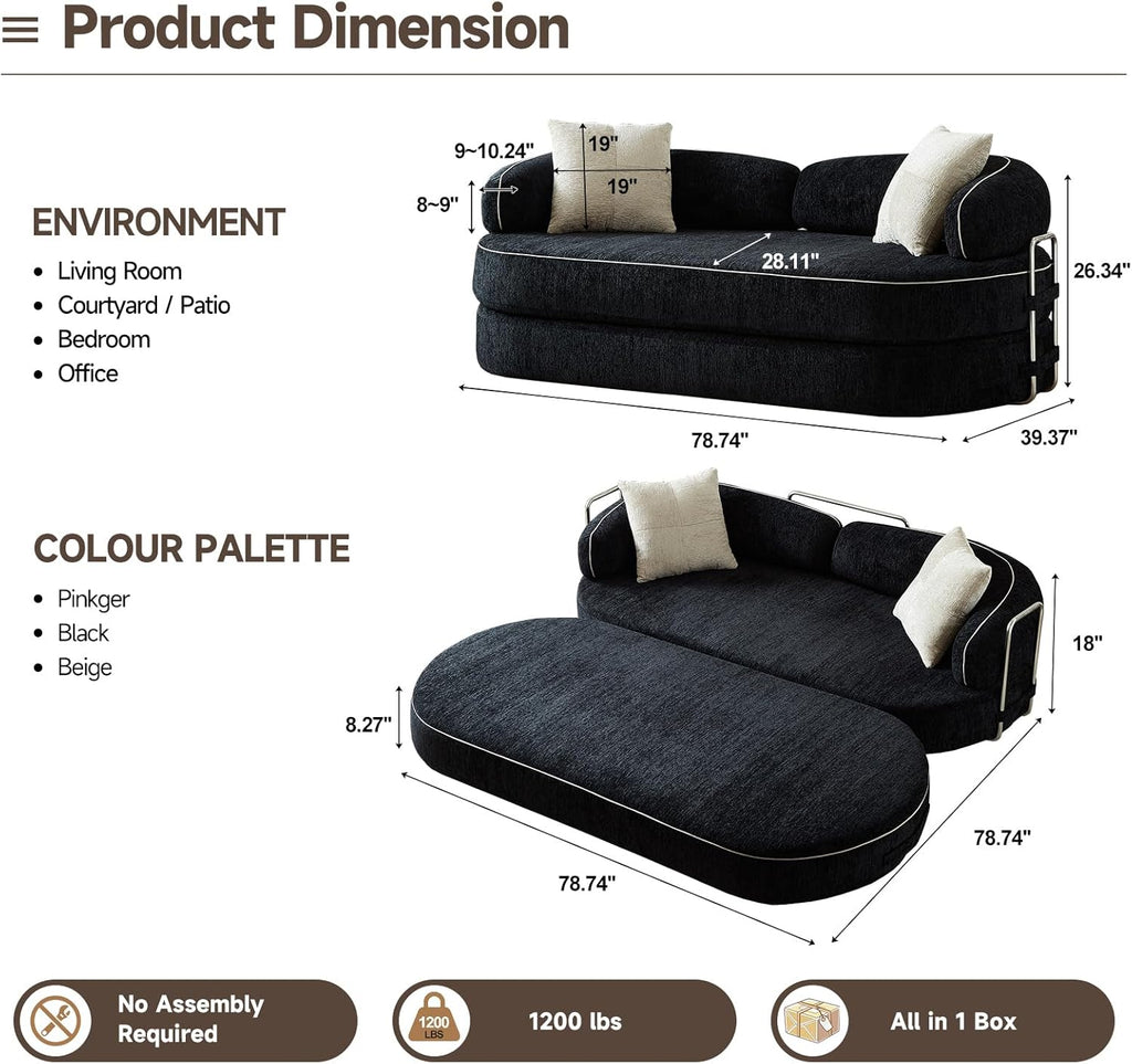 78" Convertible Sofa Couch Bed, 4-in-1 Modular Foldable Sleeper Couch No Assembly - Corduroy Futon Memory Foam Couch with Washable Covers & 2 Pillows, Compressed Boneless Couch for Living Room, Black