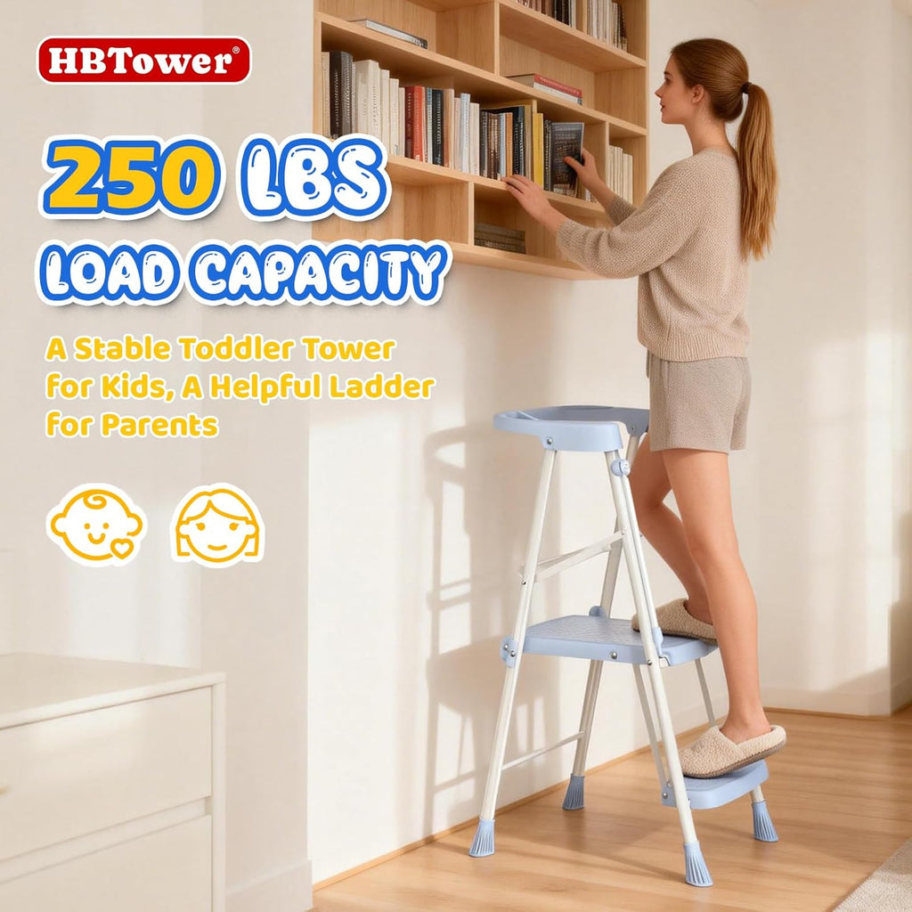 HBTower Kids 2 Steps Step Stool,Toddler Tower for Kitchen Counter Learning,Toddler Kitchen Stool Helper with Anti-Drop Safty Railing Kids Standing Folding Stepper(Blue)