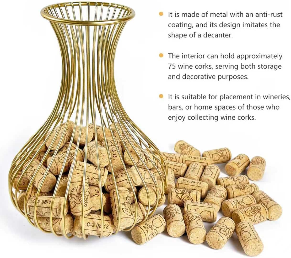 Wine Cork Holder – Elegant Wine Decor & Decorative Cork Holder, Wire Container for Corks with Wine Cork Holders Decorative Style, Holds 75 Corks Freestanding, Perfect for Home Bars, Restaurants