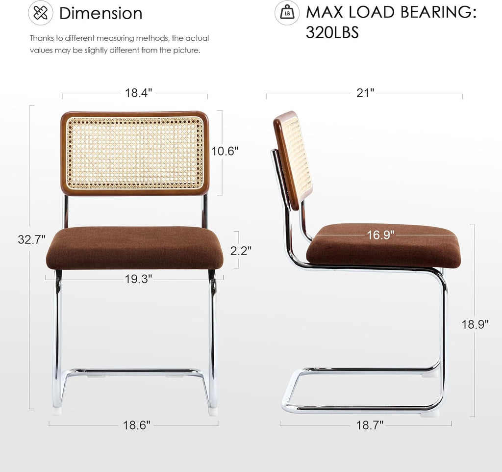 Zesthouse Rattan Dining Chairs Set of 4, Mid Century Modern Dining Room Chairs with Natural Cane Mesh & Chrome Base, Brown Cesca Chair Chenille Fabric, Farmhouse Kitchen Chair with Solid Wood Back