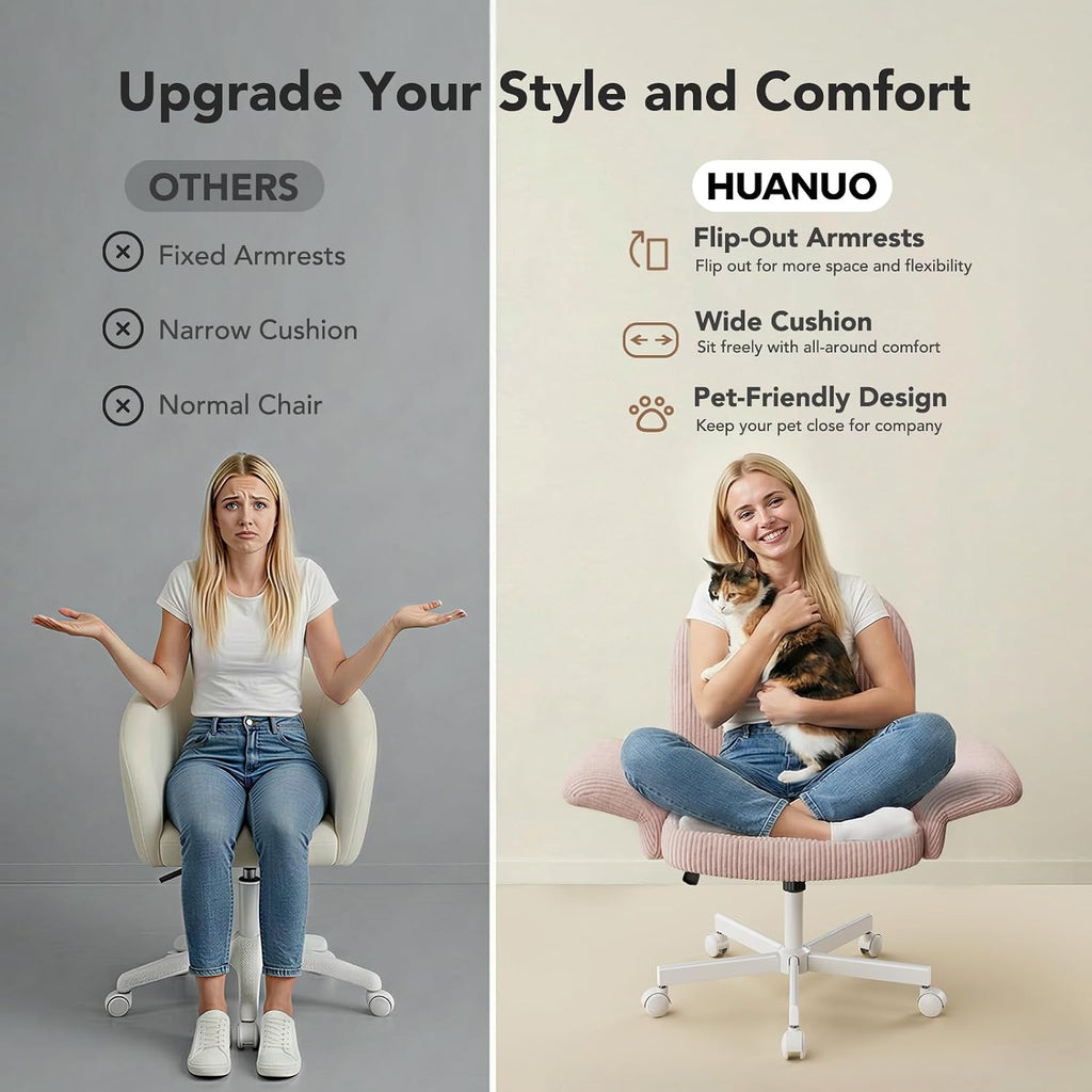 HUANUO Criss Cross Office Chair for Women, Cross Legged Desk Chair with Adjustable Armrests, Soft Corduroy Fabric for Small Spaces, Petite Home Office Computer Chair for Girls, Pink
