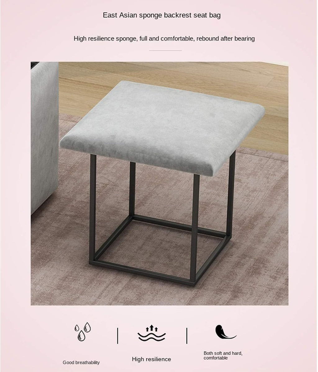 Blue Leather Square Stool with Storage Footstool and Padded Seat