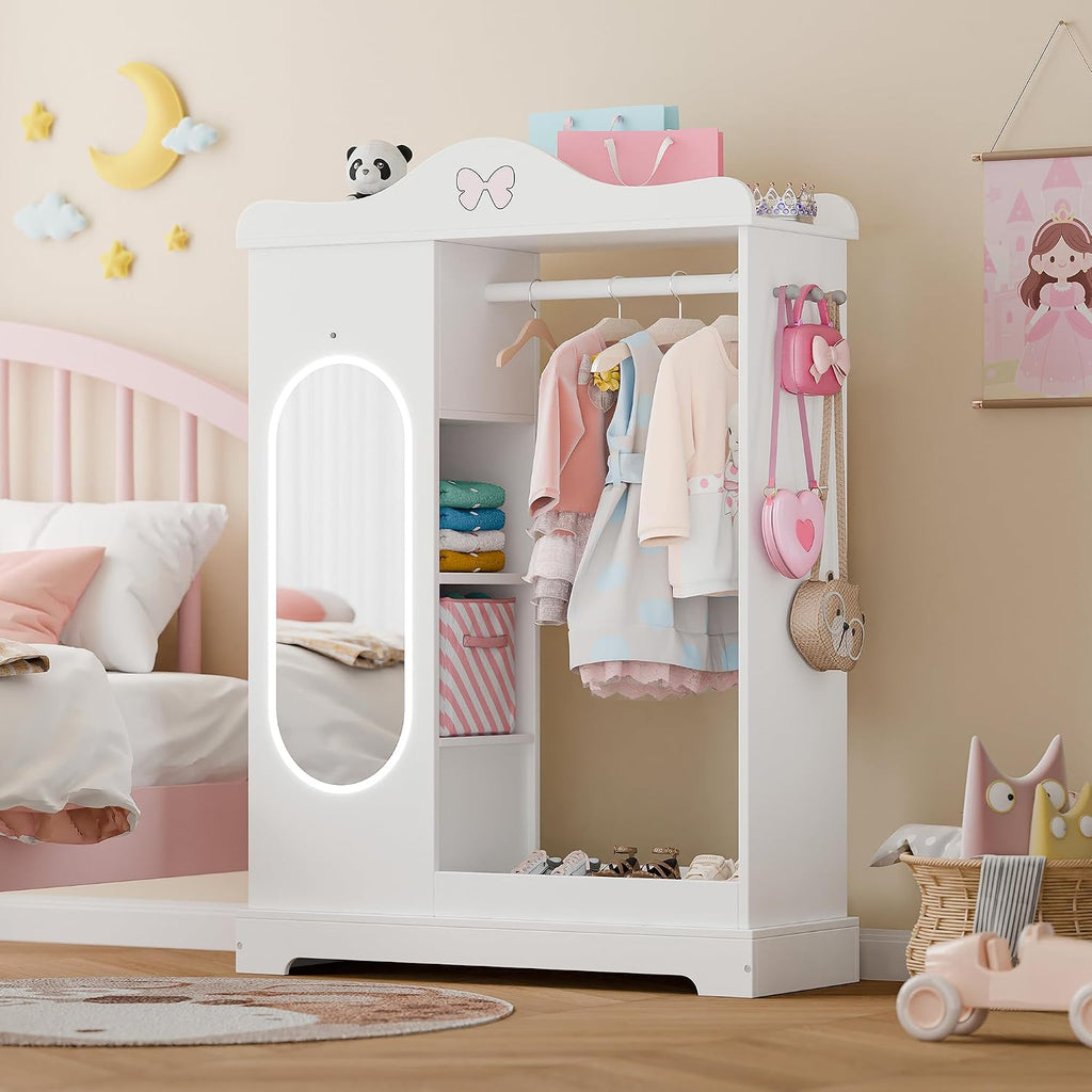 Xilingol Kids Armoire Dress Up Storage with Full-Length Mirror and Light, Kids Wardrobe Closet with Jewelry Cabinet and Storage Shelves, Open Hanging Armoire Costume Organizer for Bedroom (White)