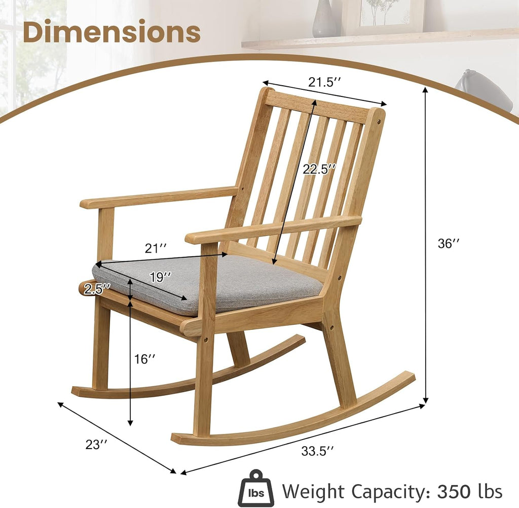Giantex Rocking Chair with Cushion, Solid Rubber Wood Rocker w/Slatted High Back & Padded Seat, Indoor Rustic Accent Armchair for Living Room, Bedroom, Study, Nursery, Patio, Natural (1)