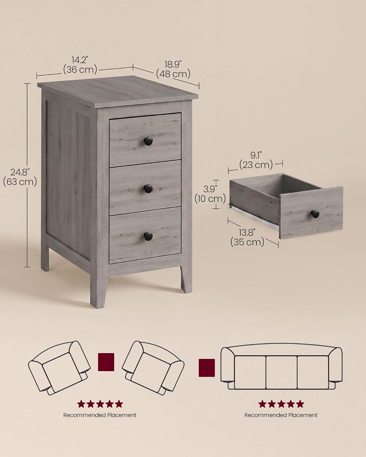VASAGLE Liry Collection-Farmhouse Side End Table with 3 Drawers, Slim Nightstand with Storage, Narrow Bedside Table for Living Room, Bedroom, Office, Washed Gray, ULET132G101S