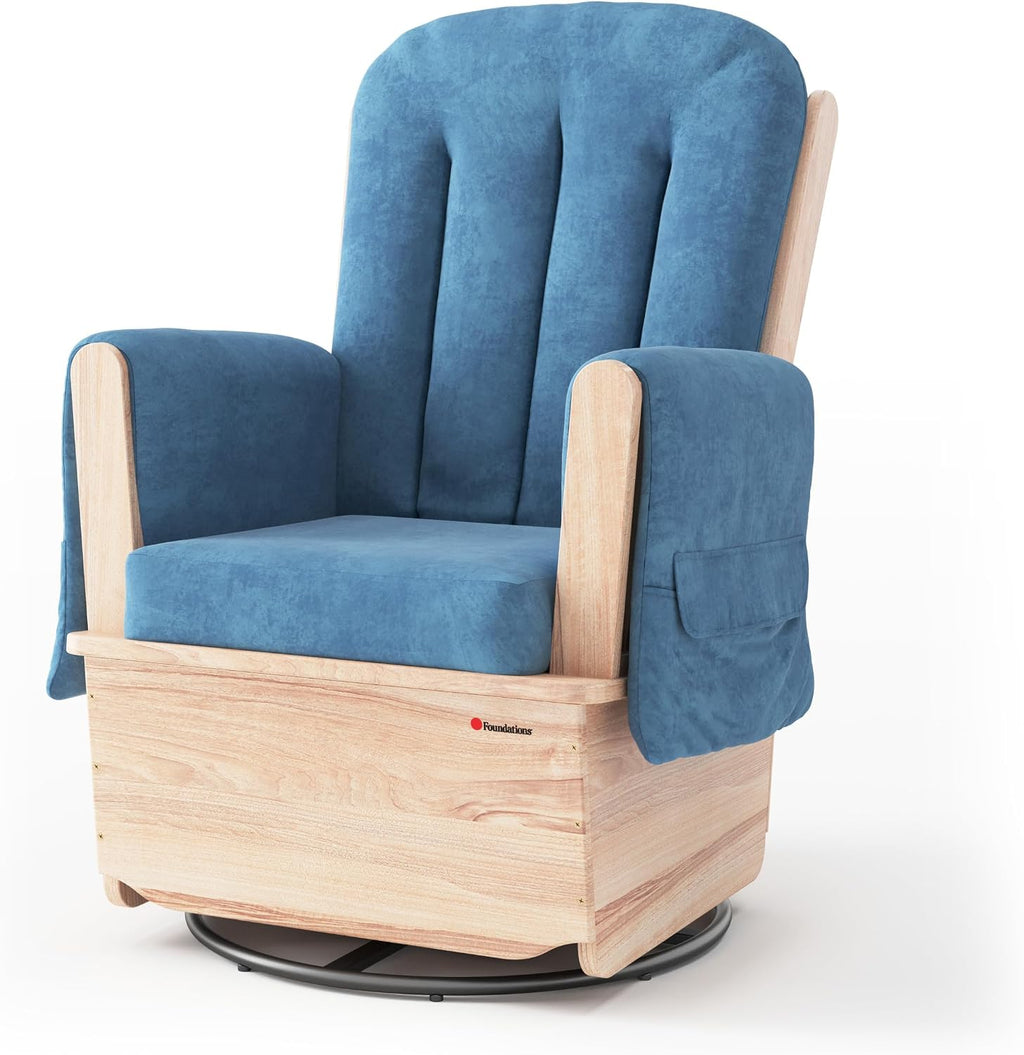 Foundations SafeRocker Glider Rocker with Steel Swivel - Baby Feeding and Rocking Chair for Nursery, Daycare Environment - Nursery Rocking Chairs with Wood Skirt Base - Blue Microfiber