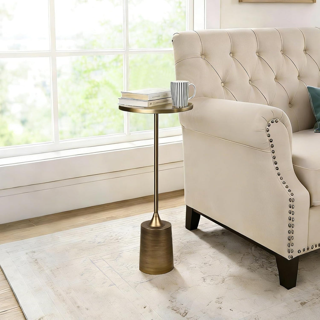 Jorsnovs Vintage Bronze Small End Table, 10'' Round Pedestal Side Table with Weighted Iron Base, Drink Table for Small Spaces, Antique Cocktail Table for Living Room, Entryway, or Bathroom