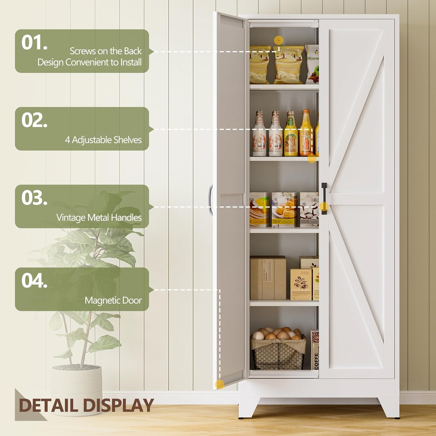 RAVIGIN Farmhouse Storage Cabinet,72" H Metal Pantry Cabinet with Barn Doors and Adjustable Shelves,72" H 6-Tier Rustic Pantry Organizers for Kitchen,Dining Room,White