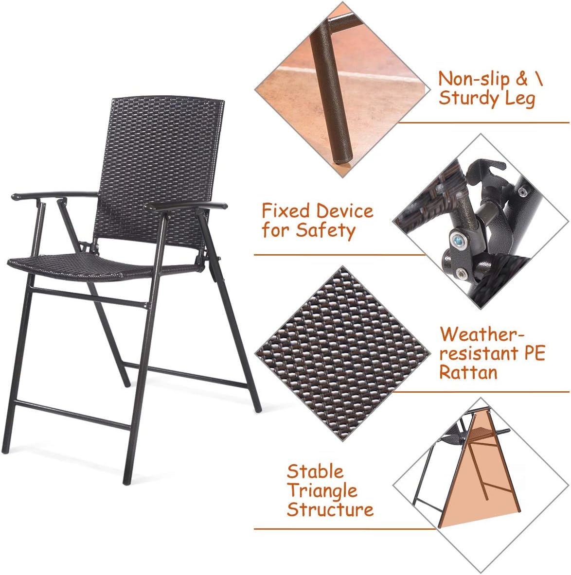 HAPPYGRILL Folding Wicker Rattan Bar Chairs Set of 4, Patio Tall Stool with Back, Steel Frame, Armrests and Footrest Bar Chairs for Garden Patio Furniture Set