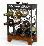 9 Bottles Wine Racks Countertop Freestanding with Top Tray, Modern Black Metal &Wood, 3 Tier Tabletop Wine Holder Stand for Home Kitchen Bar, Cabinet, Pantry, Wine Bottle Storage