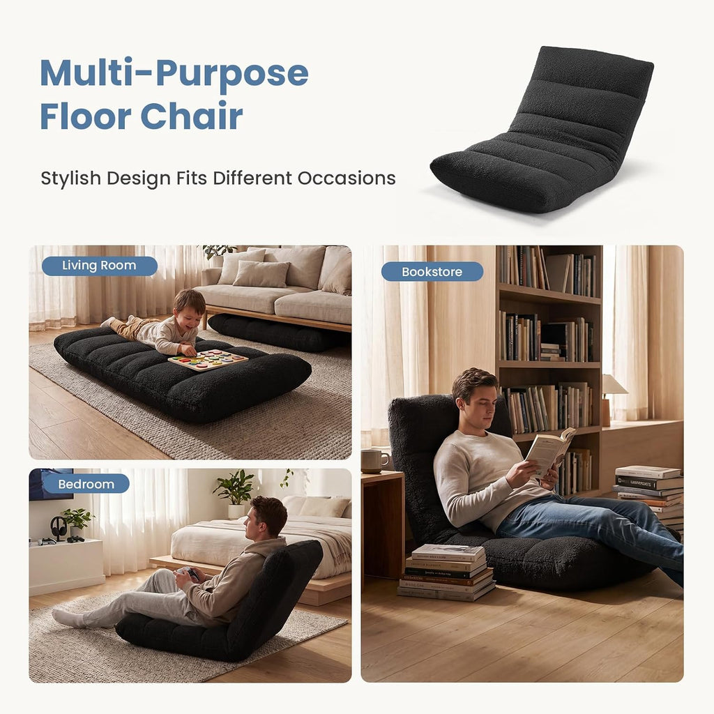 DUMOS Folding Floor Chair with Back Support, Adjustable 14-Position Floor Seating with Comfy Teddy Velvet for Adults & Kids, Reading, Gaming, Meditation, Watching, Black