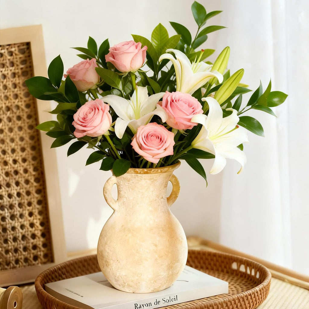 Brown Glass Vase with Handles - 7.5 Inch Rustic Terracotta Style Flower Vase, Vintage Decorative Round Bud Jar for Dried Flowers, Earthy Aesthetic Centerpiece for Modern Farmhouse & Boho Home Decor