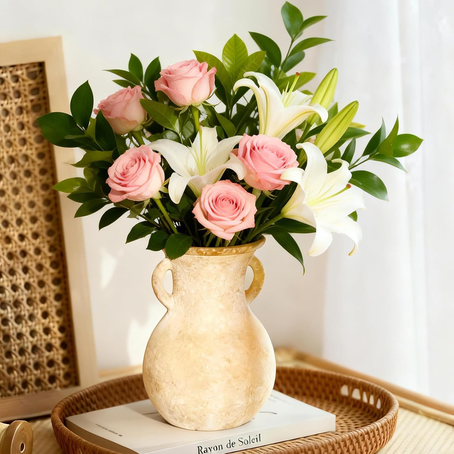 Brown Glass Vase with Handles - 7.5 Inch Rustic Terracotta Style Flower Vase, Vintage Decorative Round Bud Jar for Dried Flowers, Earthy Aesthetic Centerpiece for Modern Farmhouse & Boho Home Decor