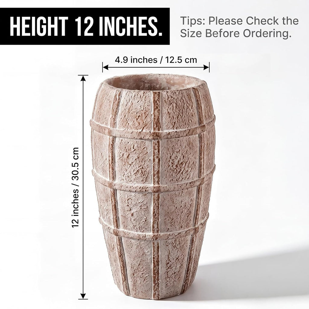 Briful Rustic Terracotta Flower Vase for Home Decor 12" Brown Farmhouse Textured Barrel-Style Ceramic Vase Vintage Handcrafted Gridded Design for Faux & Dried Flowers Living Room Table Centerpiece