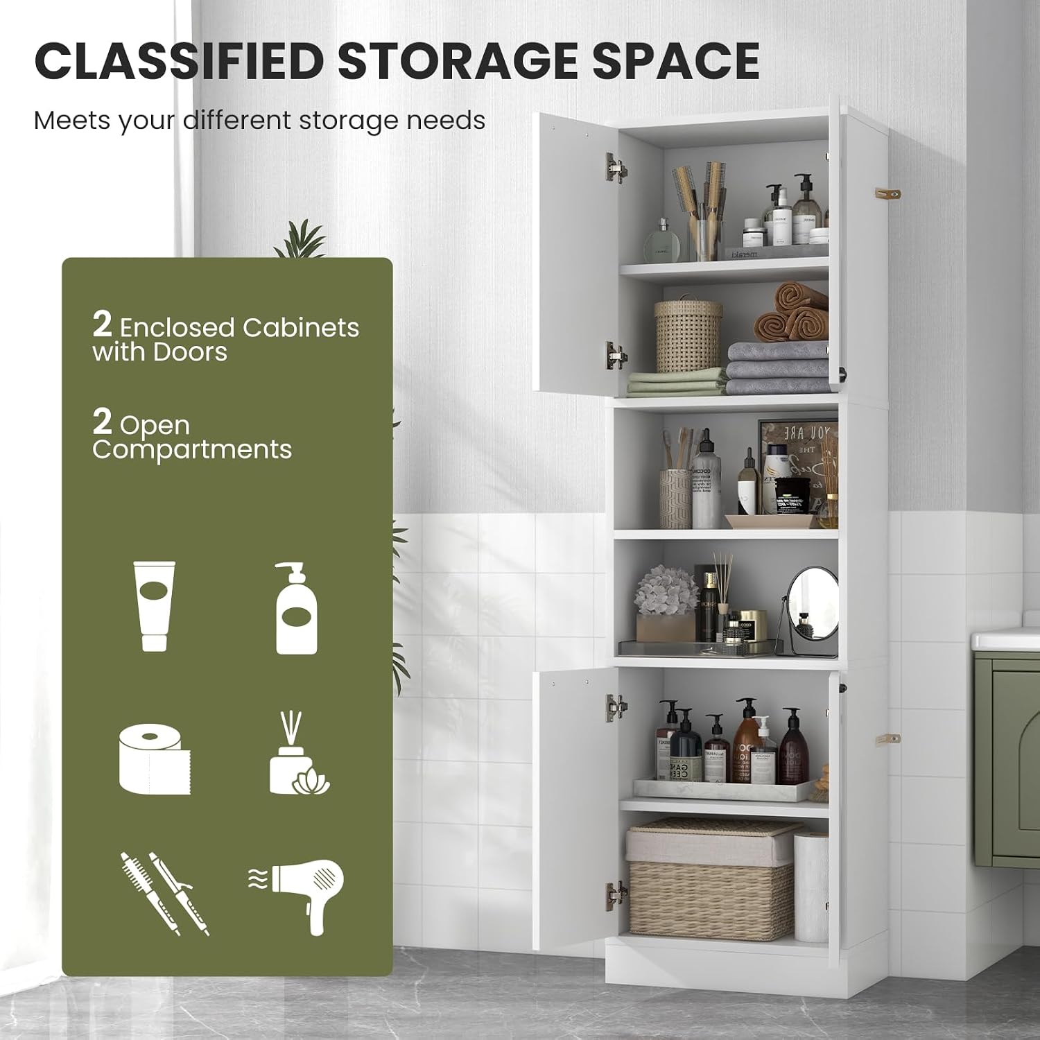 75” Kitchen Pantry Cabinet, Tall Freestanding Kitchen Hutch with 4 Doors, 2 Open Shelves & 4 Anti-Tipping Devices, Bathroom Storage Cabinet for Living Room, Dining Room (White)