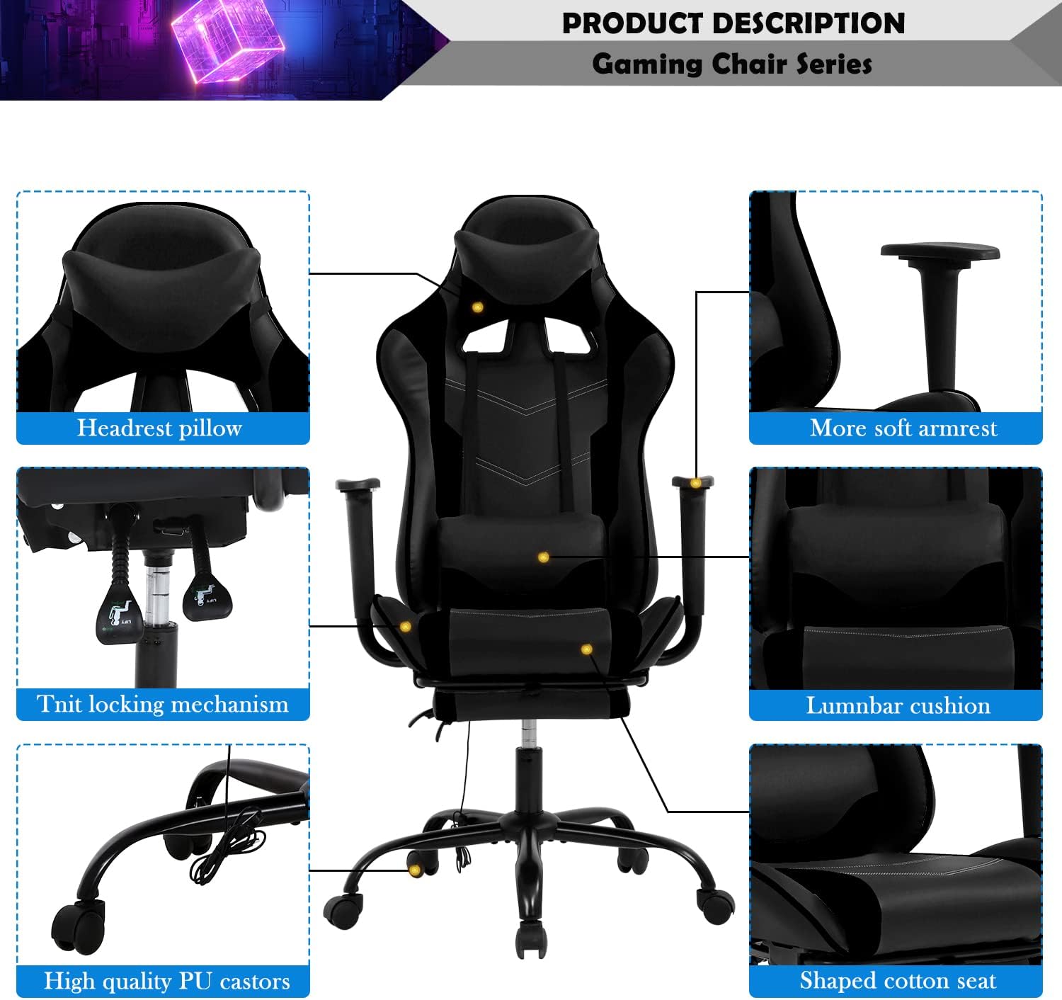 Black Gaming Chair with Footrest, PU Leather Gaming Chairs for Adults, High Back Comfy Office Chair Ergonomic Desk Chair Computer Chair, Reclining Gamer Chair, Height & Backrest Adjustable, 300 Lbs