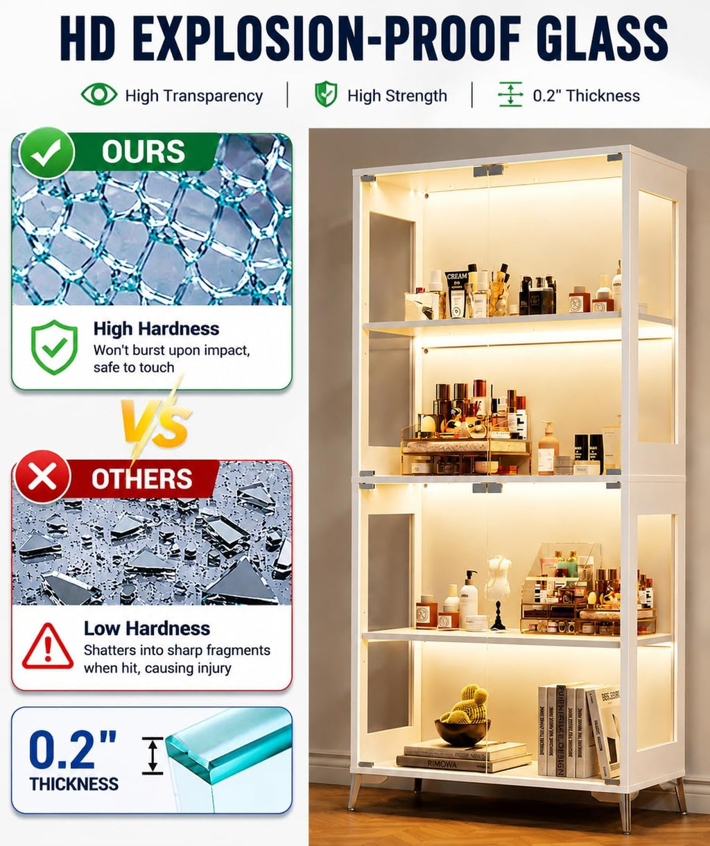 Display Cabinet with Glass Doors, 4-Tier Curio Cabinet, Adjustable Shelves, 60,000 Color Lights for Collectibles, Glass Display Case with App & Remote Control, Bookcase, Storage Cabinet, White