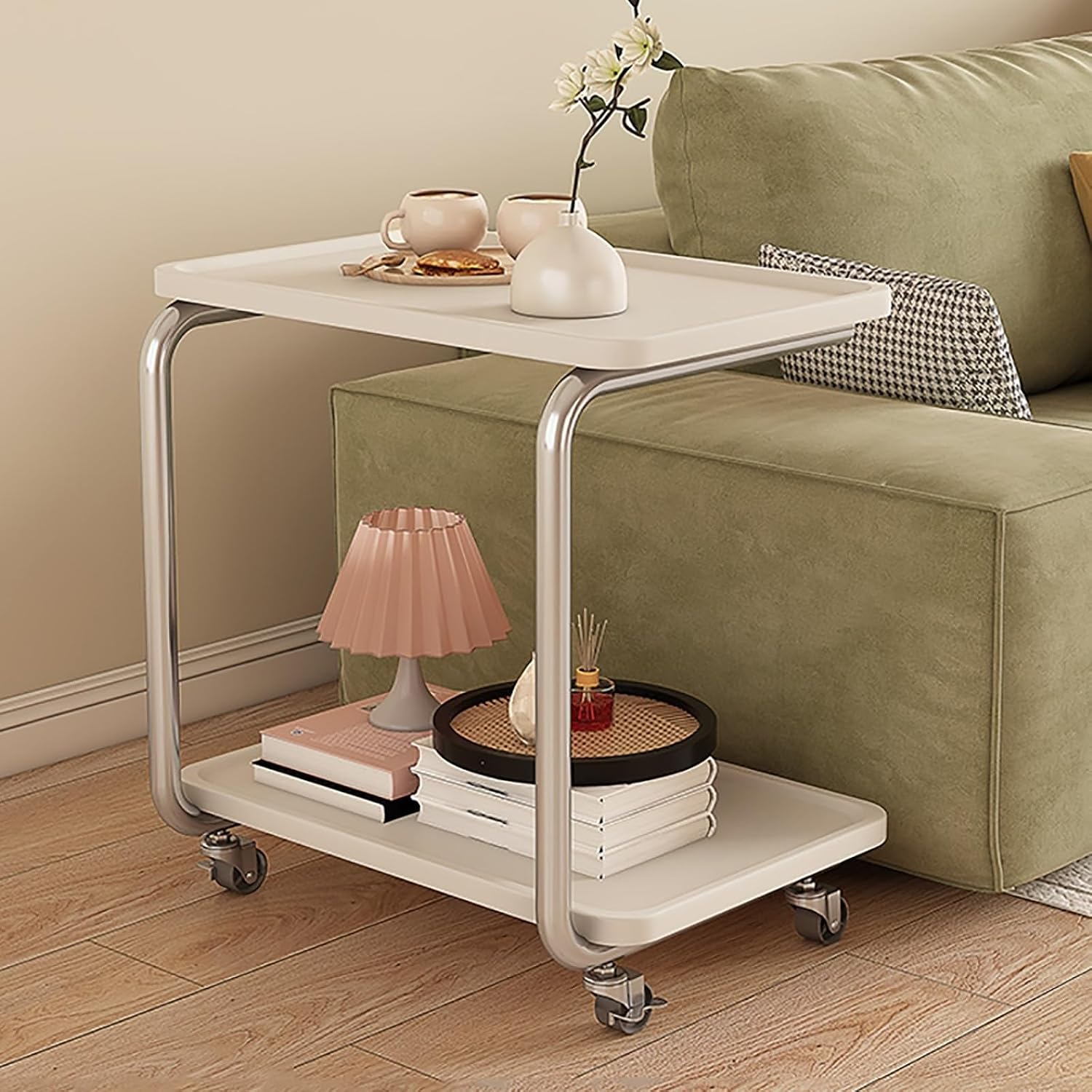 C Shaped End Table with Wheel TV Tray Sofa Table Metal Frame Waterproof Top Movable Laptop Side Table for Living Room Lightweight