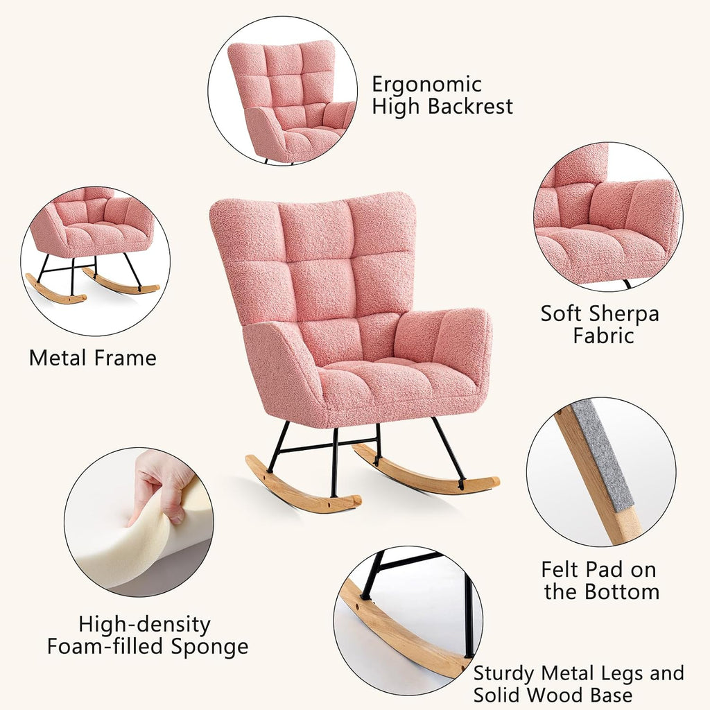 Furniliving Nursery Rocking Chair Upholstered Glider Rocking Chair Modern Accent Chair Padded Seat Reading Chair with High Backrest Comfy Chair for Living Room, Bedroom, Nursery, Pink, Teddy