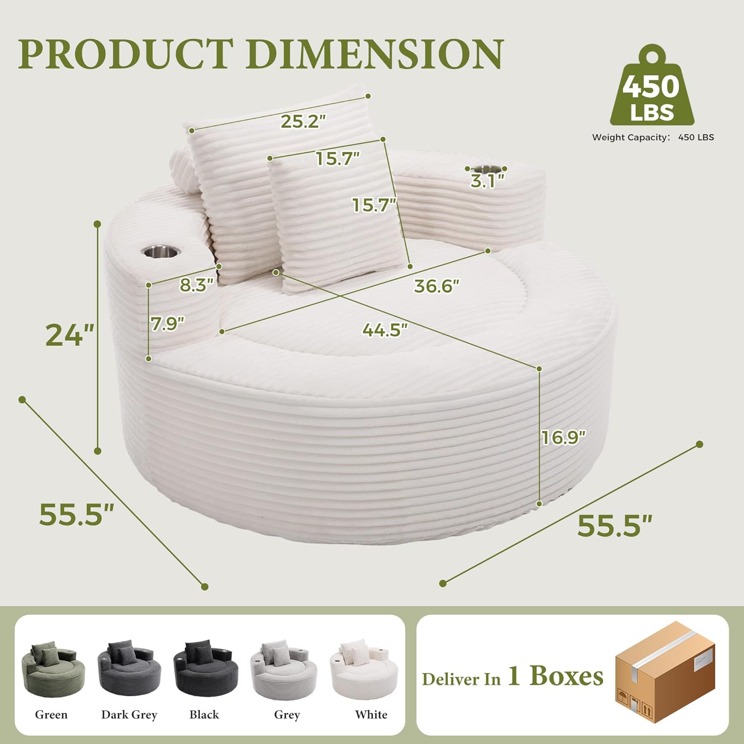 55.5" Oversized Round Chaise Lounge Chair Indoor with Stainless Steel Cup Holders, Modern Upholstered Corduroy Cloud Boneless Chair, Deep Seat Circle Floor Sofa for Living Room, No Assembly