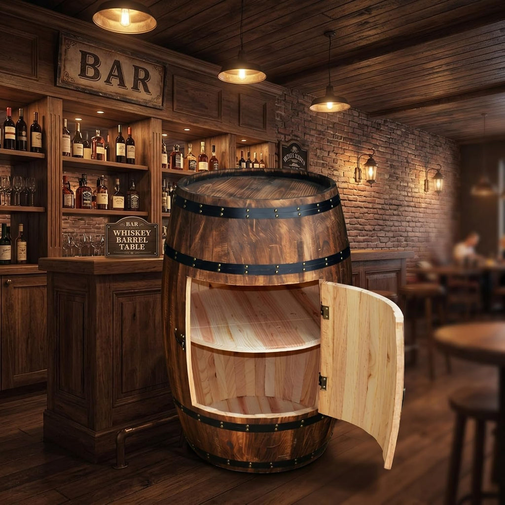 Wooden Whiskey Barrel Table Multi-Functional Wine Barrel Table For Living Room Bedroom Balcony Farmhouse Bar And Rustic Home Decoration With Solid Wood Structure (31.5×18.9×13.8in/80×48×35cm)