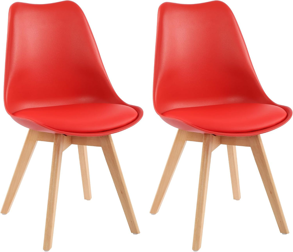 LSSBOUGHT Mid Century Modern Dining Chairs,Shell Lounge Plastic Side Chair with Soft Padded and Wooden Legs for Dining Room Living Room Bedroom Kitchen Set of 2 (red)
