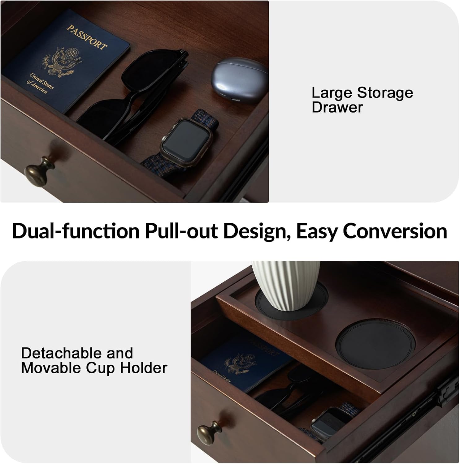 Mid Century Modern End Table with Charging Station, Wooden Side Table with USB Ports and Outlets, Narrow Beside Accent Table with Cup Holder & Magazine Rack, Walnut